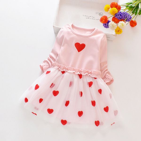 

TSpring Autumn Girl Dress 1-8 Years Baby Kids Girls Heart Print Long Sleeve Dress Sweet Cotton Comfortable Toddler Mesh Dresses