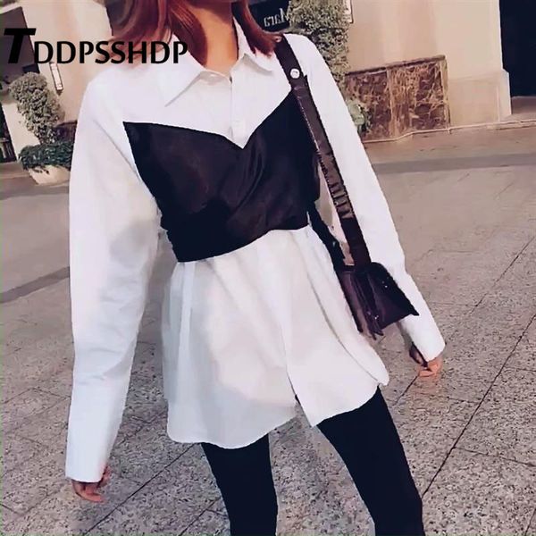 

contrast color patchwork wrapped chest women blouse fake two piece long sleeve lapel spring female blouses, White