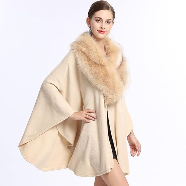 Europa Outono Inverno Plus Size das Mulheres de Malha Cape Manto Casaco Faux Fox Fur Collar Outwear Ponchos Poncho Casaco Cardigan Senhora C4007