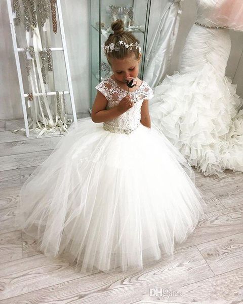 

2019 custom made lovely girls holy communion gowns tulle lace applique beads bodice cap sleeves with bare back white holy communion dresses