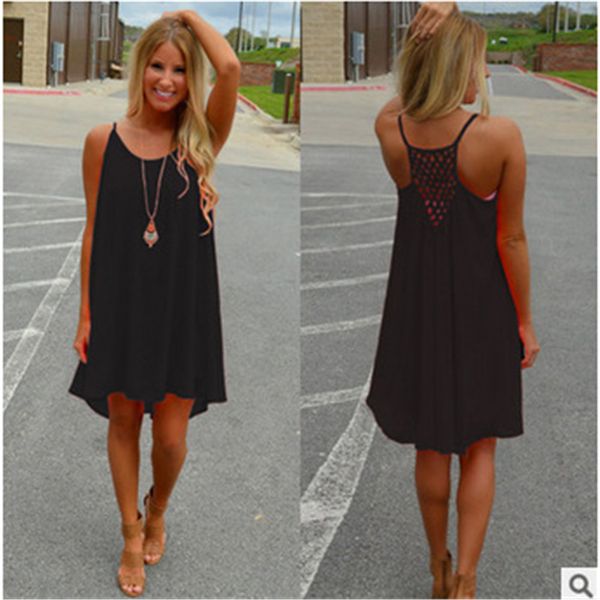 

daddy chen summer beach dress strap big size loose casual chiffon dress spaghetti strap mesh backless solid vestiti donna, Black;gray