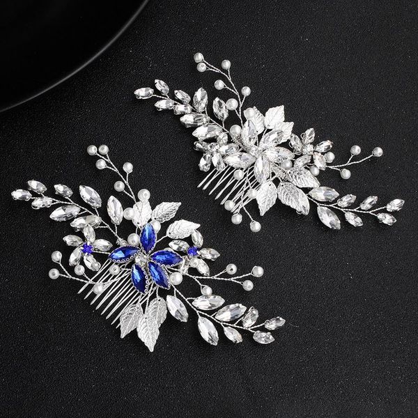 

leaf hair combs silver/blue crystal wedding hair accessories pearl women bridal hair jewelry tiara handmade elegant ornament, Golden;white