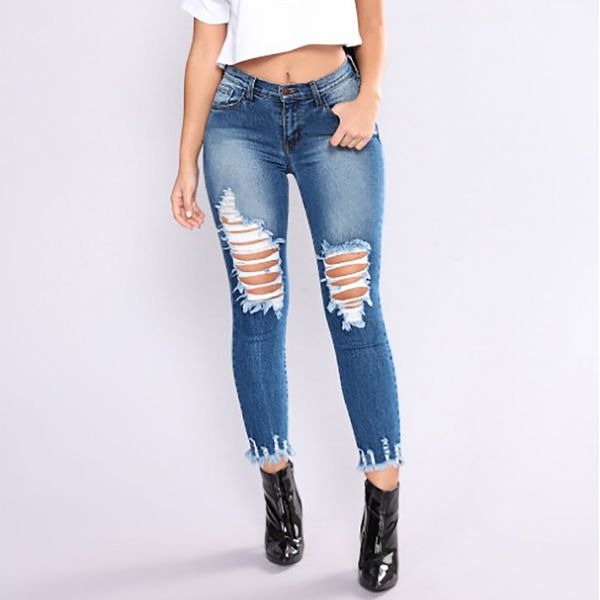 

2019 new blue jeans pancil pants women high waist slim hole ripped denim jeans casual stretch skinny trousers vaqueros