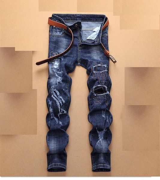 

spring men's hole jeans men's straight patch trend personality pants denim pants, Blue