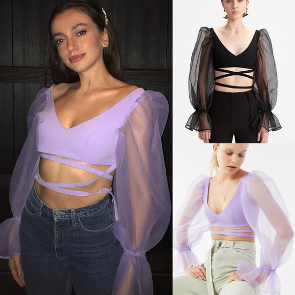 

new women puff sleeve bandage slim crop cocktail evening party girl blouse, Black;white