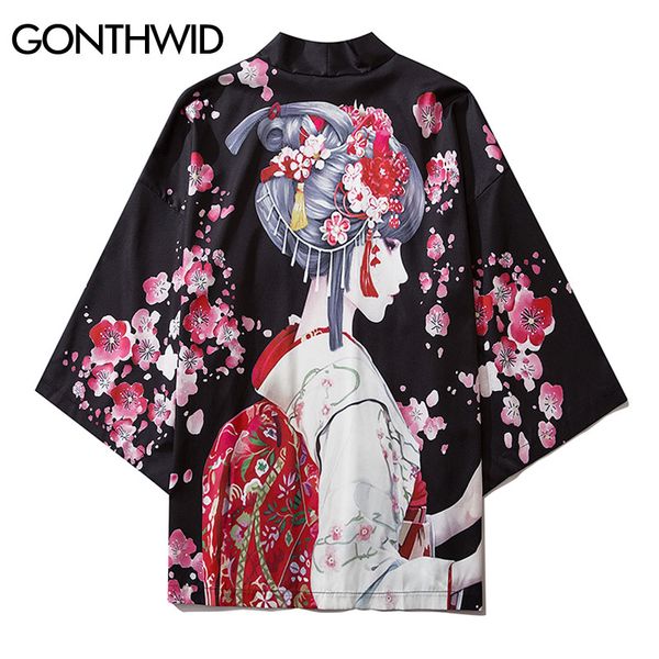 

gonthwid японского gril cherry blossoms flowers версия для печати front open кимоно кардигана рубашки куртки streetwear hip hop летние пальт, Black;brown