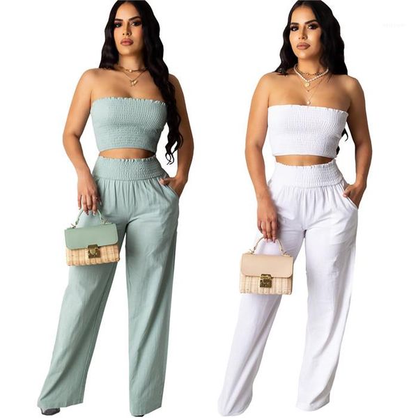 

wide leg high waist pants sets womens 2pcs tube suits summer designer solid color pleasted females, White