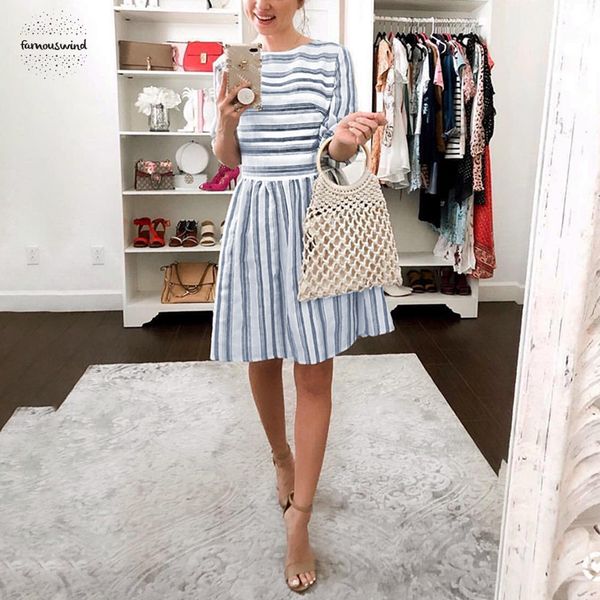 

dress 2019 stripe long sleeve summer stripe female women elegant ol dress feminino beach dress mini vestidos, Black;gray