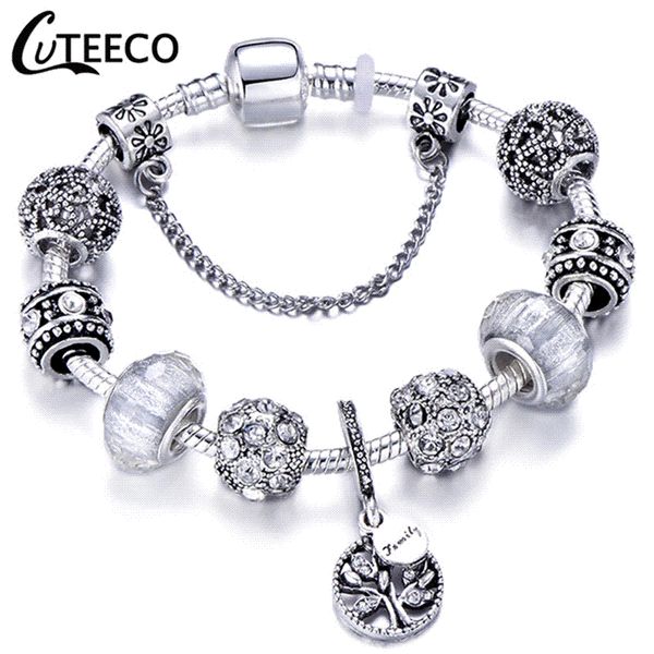 

CUTEECO 925 Fashion Silver Charms Bracelet Bangle For Women Crystal Flower Beads Fit Pandora Bracelets Jewelry