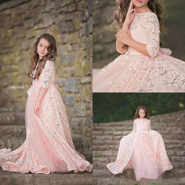 

charming half sleeve lace blush pink flower girls dresses a-line tulle girls pageant wear first communion dress kids prom party gowns, White;blue