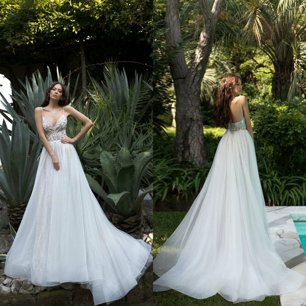

2021 new boho wedding dresses a line lace beads spaghetti beach bridal gowns bohemian sweep train vestido de noiva, White