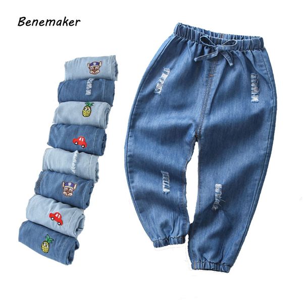 

benemaker new children elastic pants for boy summer fashion cotton girl 2-8y kids denim ripped jeans long cartoon trousers yp007, White