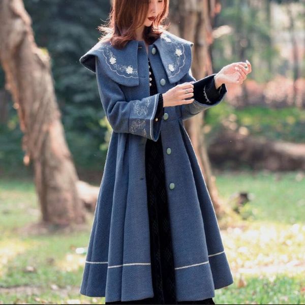

women's wool & blends autumn winter vintage embroidered woolen coat women slim single breasted cloak, Black