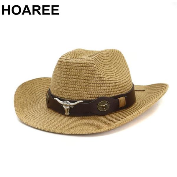 

hoaree men hat cowboy western straw panama hat belt cow decorate wide brimmed hats for summer khaki male 2020 new arrival