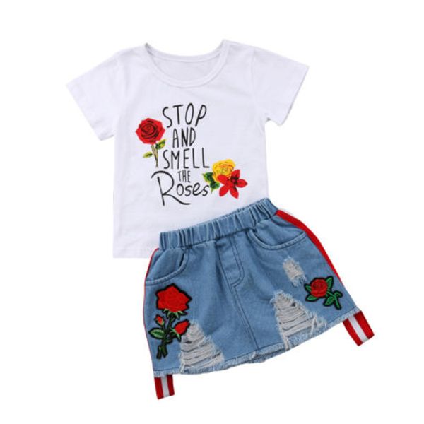 

2pcs princess child kids baby girls outfits floral t-shirt denim rip embroidery flower skirt summer fashion clothes 1-6t, White