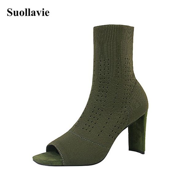 

2020 new elastic knit sock women boots open toe high heels slip-on sock green black ankle boots size34- 40