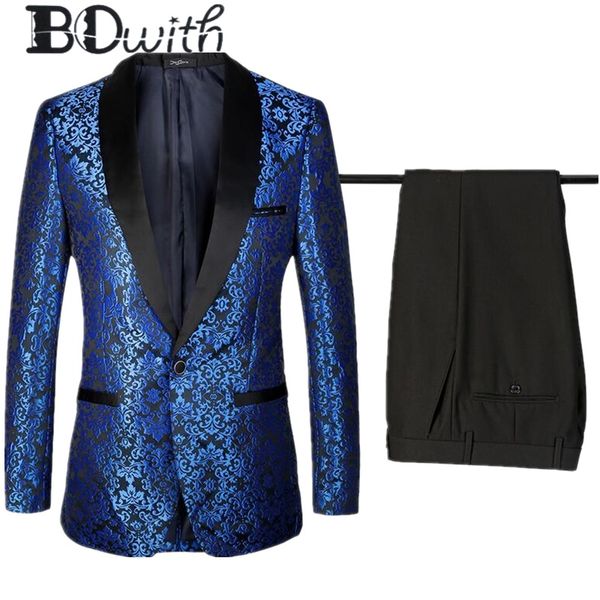 

embroidered royal blue wedding men suit shawl collar slim fit 2 pieces jacket+pants for wedding groom tuxedos formal suits, White;black