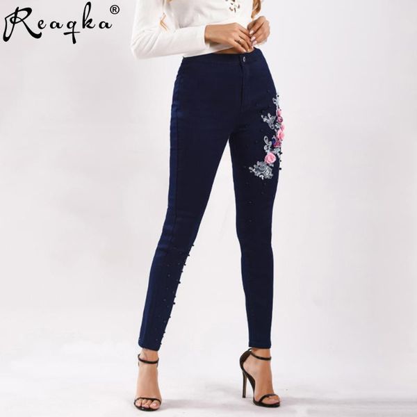 

large casual women's s-xxxl elastic slim fit dark blue jeans pants 3d embroidery color flower nail bead high waist pencil pants
