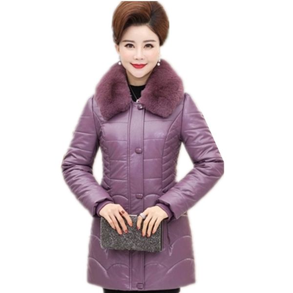 

middle-aged and old women winter pu leather coat 2019 new middle-aged mother slim warm down jacket large size cotton jacket g948, Black