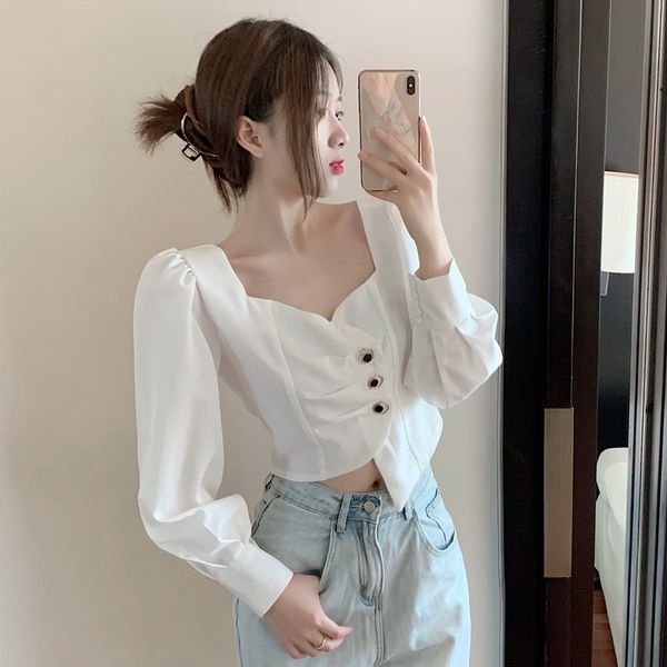 

nana fashion womens dress shop french square collar shirt design sense minority fashion irregular short top, White