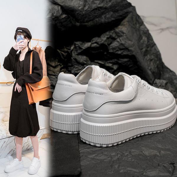 

white shoes genuine leather thick bottomed muffin casual shoes 2019 spring semi-high heeled lace up front women's round-to, Black