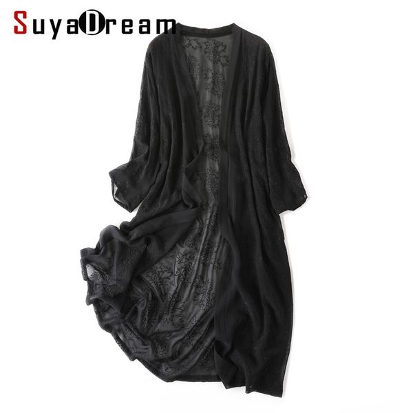 

women black long blouse 100% real silk georgette solid transpranet embroidery blouse 2019 spring summer shirt, White