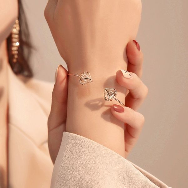 

bangle 3 color hollow rhombus zircon open bracelet rose gold silver for ladies fashion jewelry gifts, Black