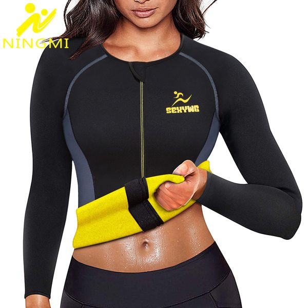 

shaper body ningmi waist slimming trainer for women zipper blouse neoprene sauna vest warming shirt long sleeve jacket shapewear, Black;white