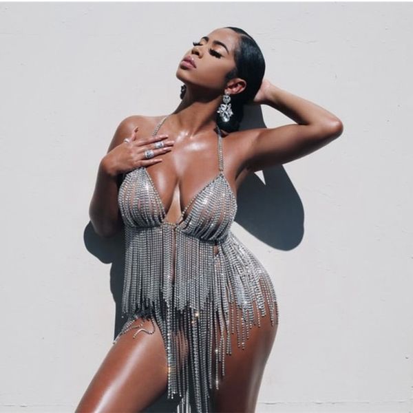 

babatique brilliant rhinestone backless party crop women 2019 summer tassel deep v neck night club diamonds metal tank, White