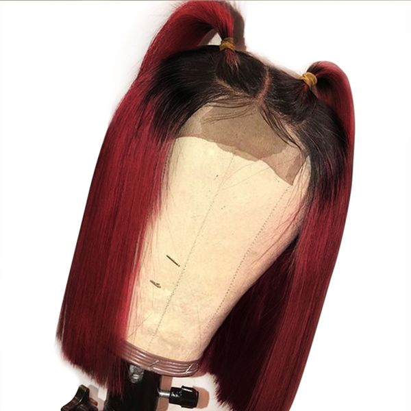

1b/99j lace front human hair wigs ombre pre plucted brazilian virgin full lace short bob cut wigs black women with baby hair, Black;brown
