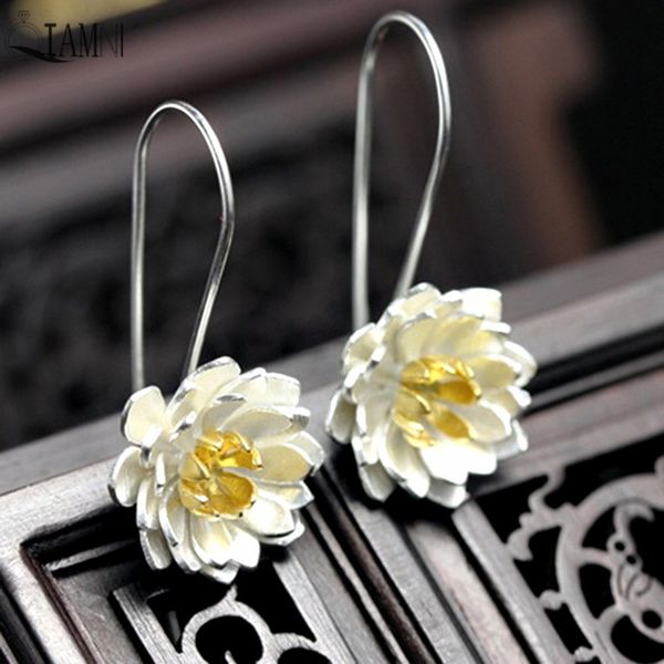 

qiamni elegant yoga lotus flower dangle drop hook earrings for women girl pendientes christmas jewelry, Silver