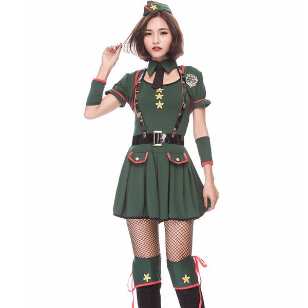 Verde Das Mulheres Militar Agente Especial Traje Uniforme Da Polícia Sexy Halloween Cosplay Instrutor Terno Anime Oficial Do Exército Mini Vestido