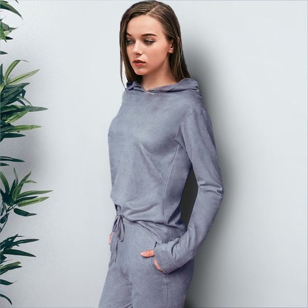 

Grey Suede Womens Suits Two Piece Winter Autumn Long Sleeve Hooded Pullover Long Pants Casual Women 'S Tracksuits