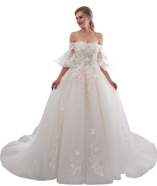 

vintage western country lace бальное платье свадебное платье с плеча аппликация цветок с flare рукавом свадебное платье, White