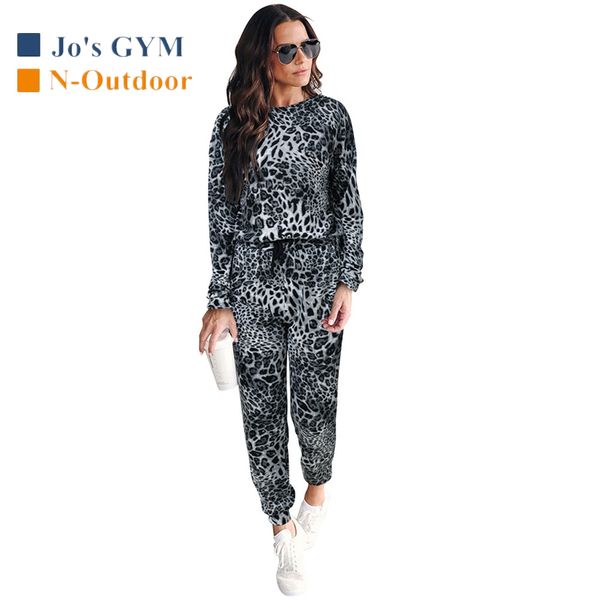 

leopard two-piece print suit women round neck long sleeve drawstring strap small feet sport set breathable leisure comfortable, Black;blue