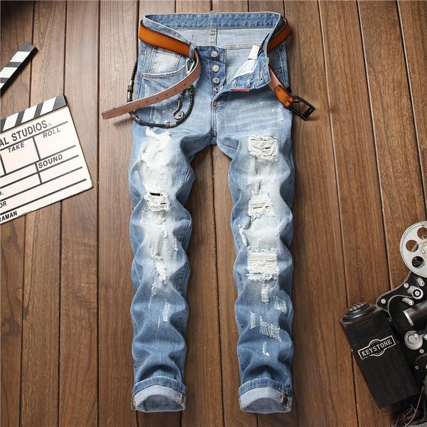 

men designer jeans fashion patches hole washed embroidery bleached white distrressed zipper fly straight denim pants size 28-34, Blue