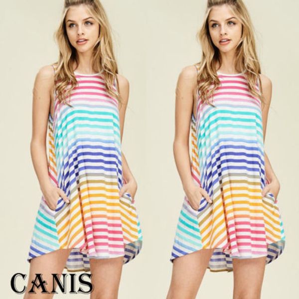 

2018 new summer womens sleeveless clubwear boho stripe beach casual bodycon mini beach dress au, Black;gray
