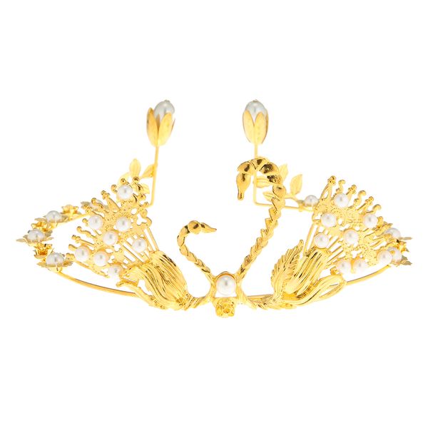 

gold plated silver crown peacock hair set with diamond pearl bride bridesmaid headdress jewelry gift