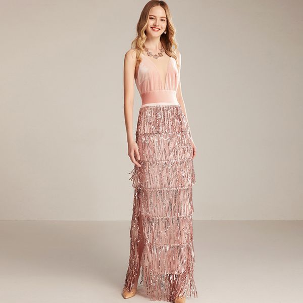 

women's runway dresses v neck velvet patchwork sequined tiered tassels side split elegant long party prom, Black