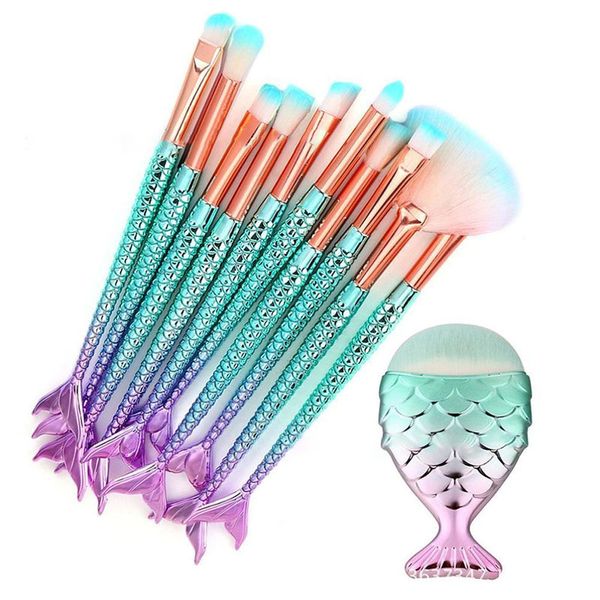 Pincéis de maquiagem de cauda de sereia 10 / 11pcs Conjunto para adolescentes meninas de nylon pincel de plástico conjuntos de ferramentas de maquiagem de peixe duplo