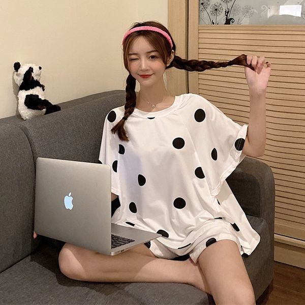 

2020 bat sleeve polka dot loose can wear large size short sleeved pajamas women's home clothes clothing pajamas clothing suit, Blue;red