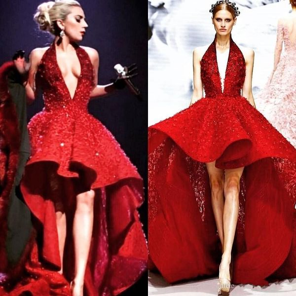 

luxury pearls lace zuhair murad prom dresses 2019 halter v-neck sleeveless evening party gowns appliques high-low lace celebrity dress