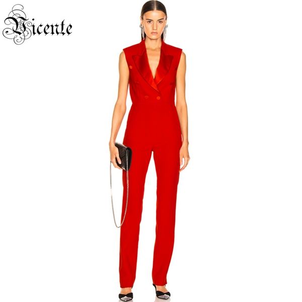 

vicente 2019 all new arrival red jumpsuit buttons design sleeveless turn-down collar celebrity party jumpsuit, Black;white