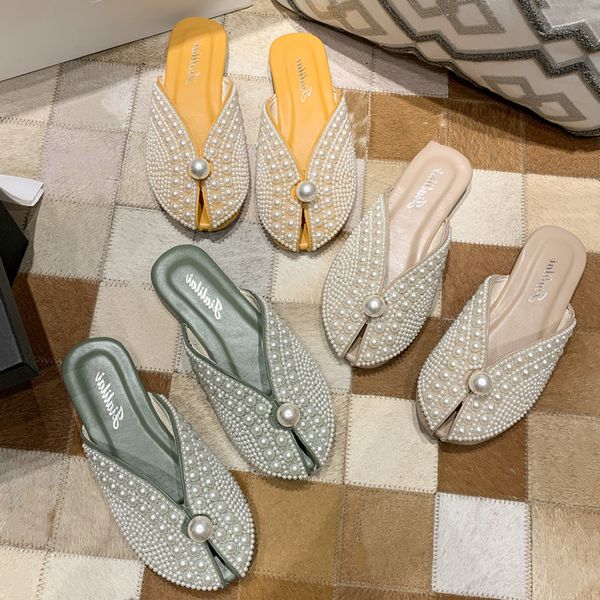 

slippers women summer shoes peep toe slides string bead pantofle 2020 flat sweet rubber basic fashion pu, Black