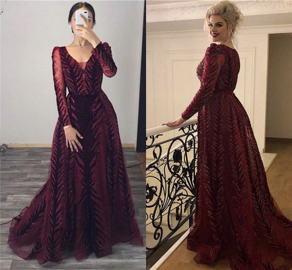 

2020 vintage burgundy sequined mermaid prom evening dresses with detachable train luxury long sleeves arabic muslim formal party gown, Black