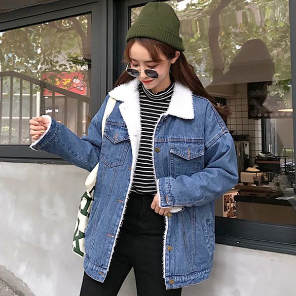 

women winter denim jacket long sleeve warm casual coat thicken denim coat jackets outwear female thick button, Black