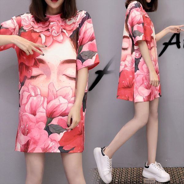 

2020 printed flower women loose large-size short-sleeved medium-length round collar shirt base shirt t-shirt, White