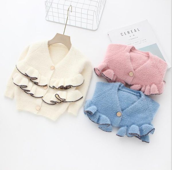 

2019 new girls knitted ruffles sweater autumn winter cotton fashion girls cardigan 2-7t hw628, Blue