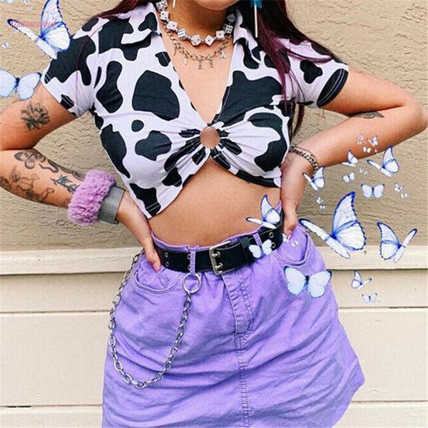 

2020 fashion women short sleeve cow skin print turn down geometric collar front hollow office blouse shirt casual crop femininas, White