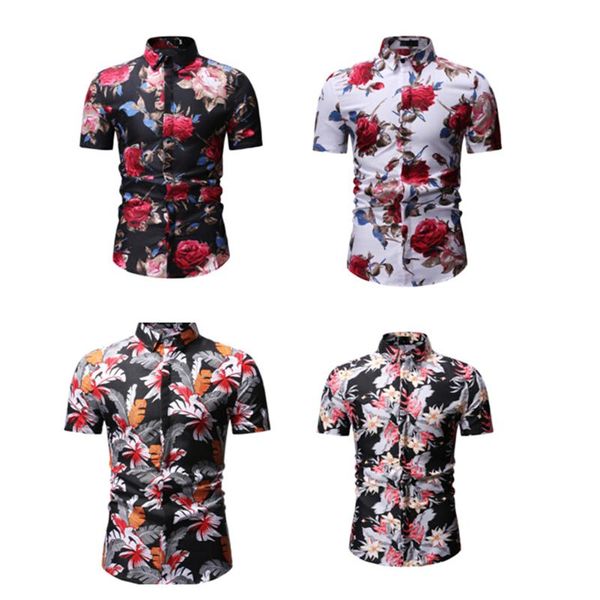 

2020 summer men classic printed buttons shirts, lapel short sleeve buttons floral leaves pattern summer shirt, White;black